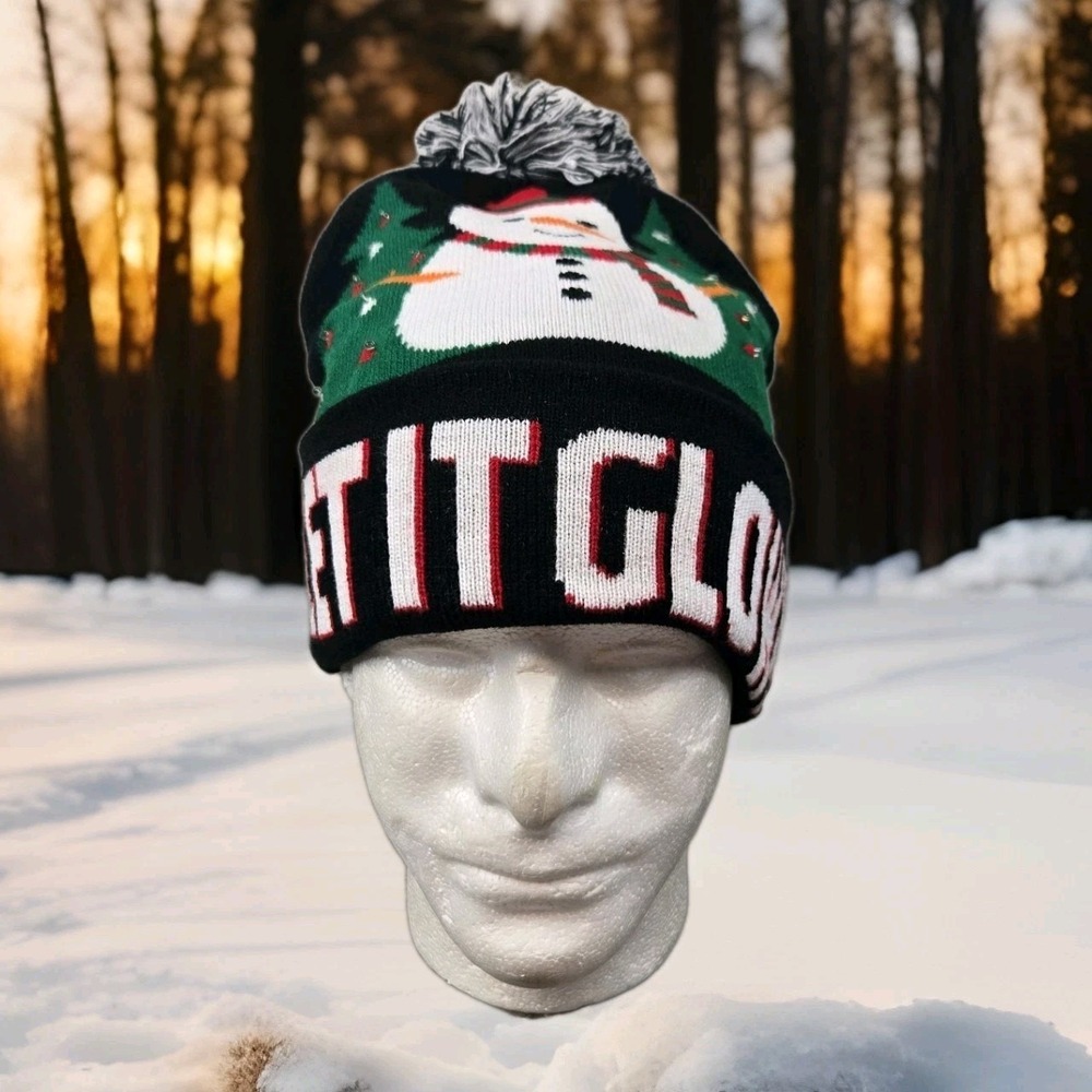 Light Up LED Christmas Winter Beanie‎ Hat Adult Snowman Knitted With Pom